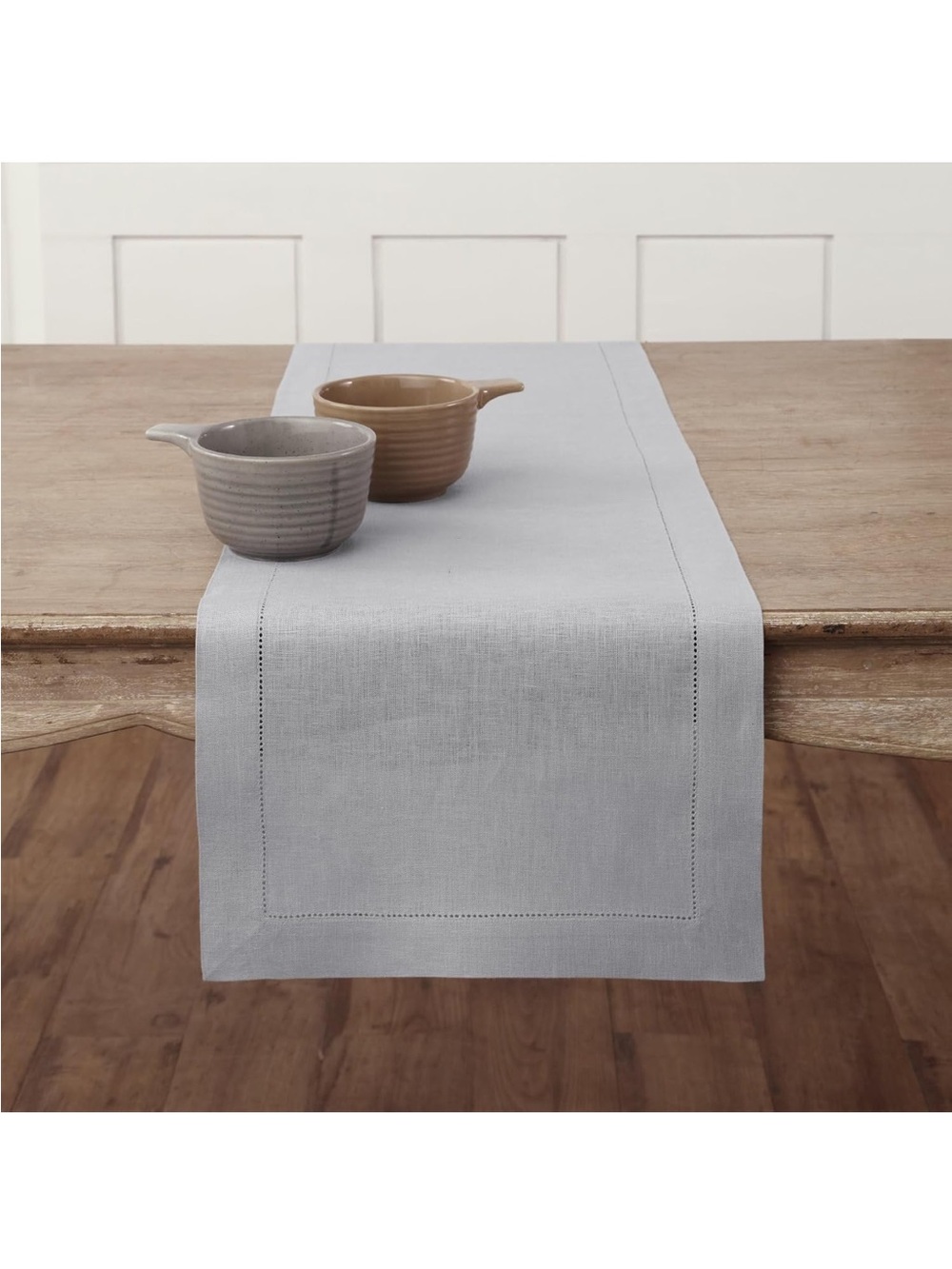 NEW Solino Home 100% Pure Linen, Soft Grey Table Runner. Classic Hemstitch